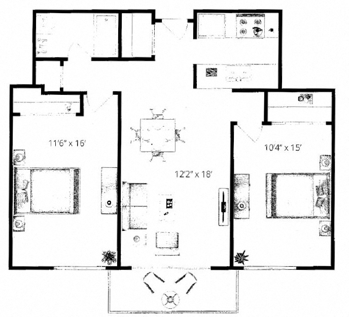 Floor plan for 2 beds, 1 bath, 752 sqft
